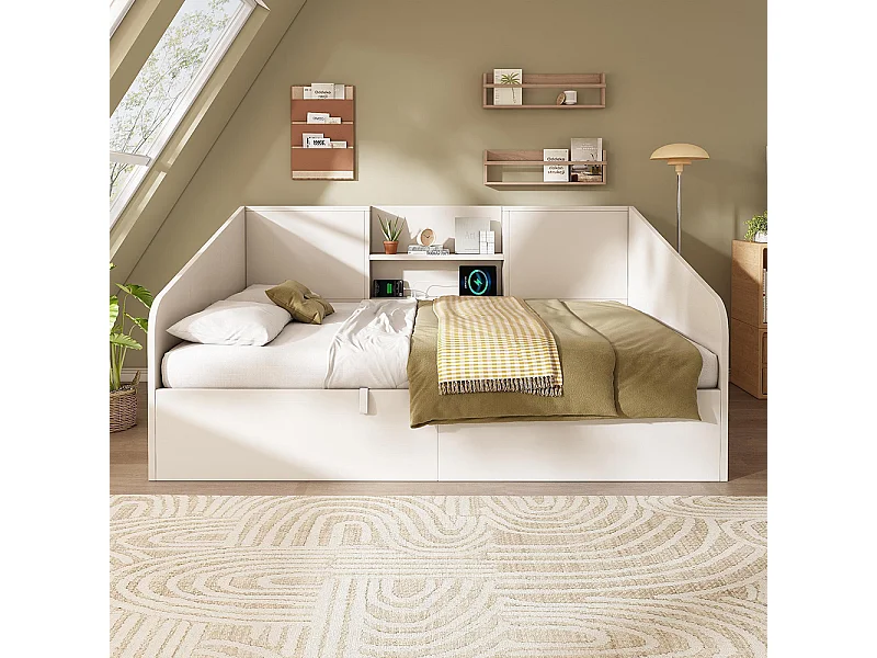 Canapé-lit hydraulique avec 2 étagères, grande capacité de rangement et station de recharge USB/Type-C, blanc (sans matelas) - 90x190 cm