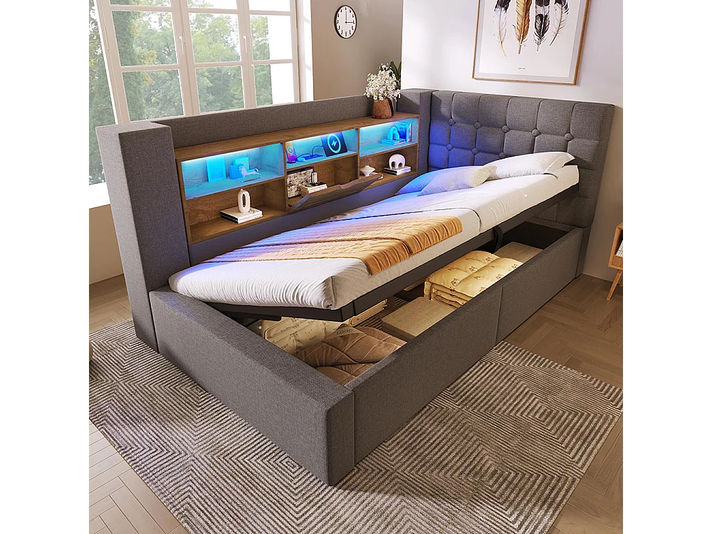 Lit rembourré avec éclairage LED, système de rangement hydraulique, réglable des deux côtés, tissu en lin, gris (sans matelas) - 90 x 190 cm