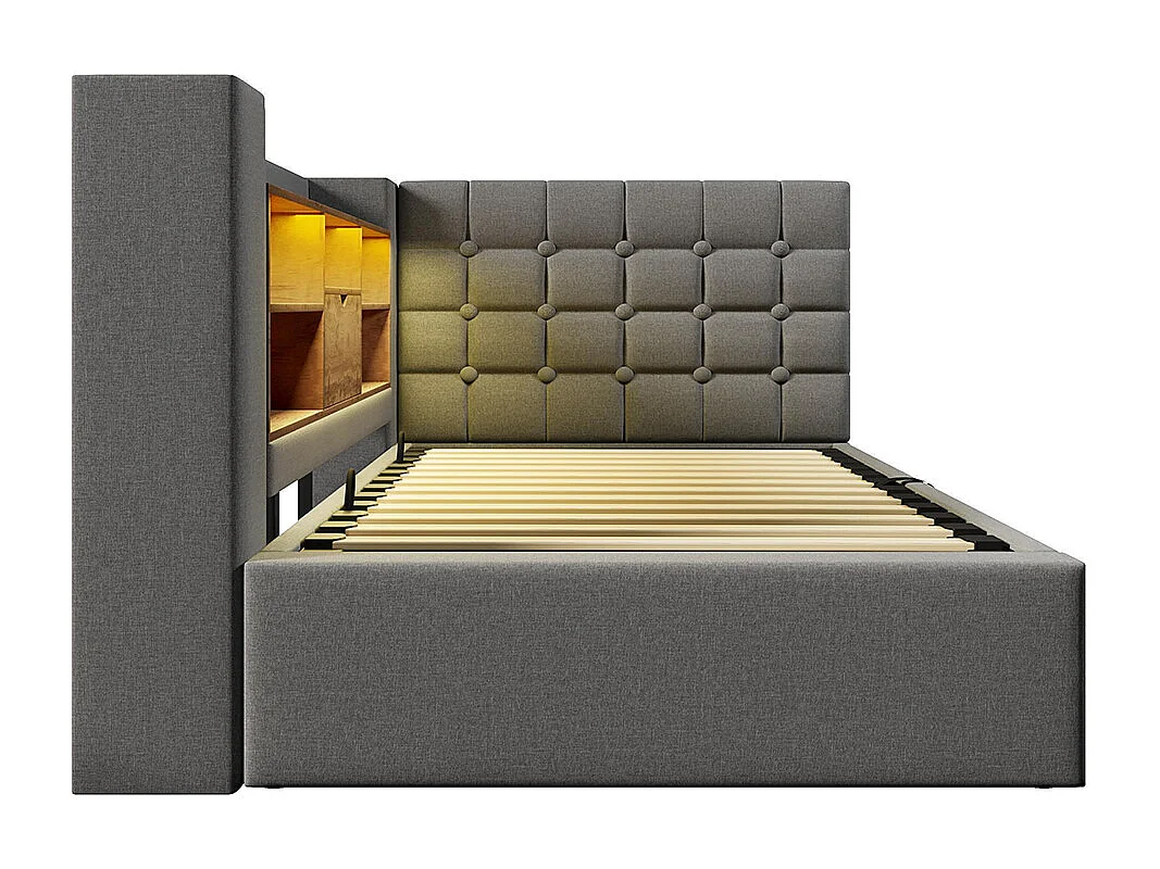 Lit rembourré avec éclairage LED, système de rangement hydraulique, réglable des deux côtés, tissu en lin, gris (sans matelas) - 90 x 190 cm