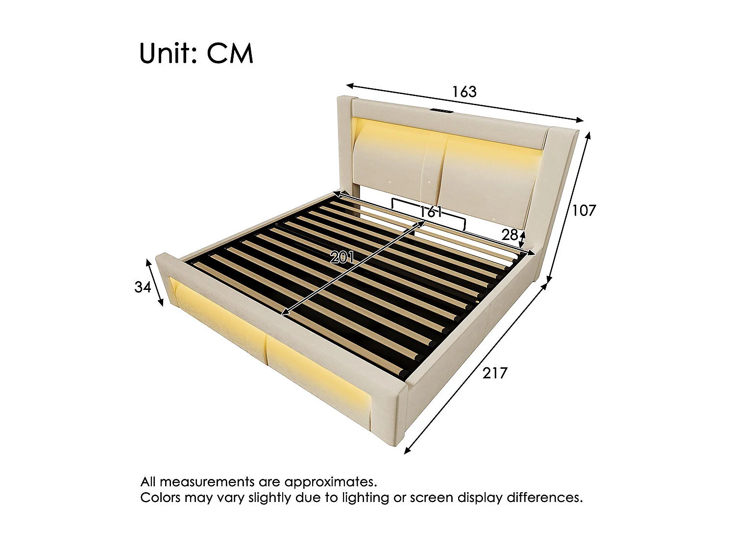 Lit hydraulique avec éclairage LED piloté par application, ports de charge USB et Type-C, velours, beige - 160x200 cm.