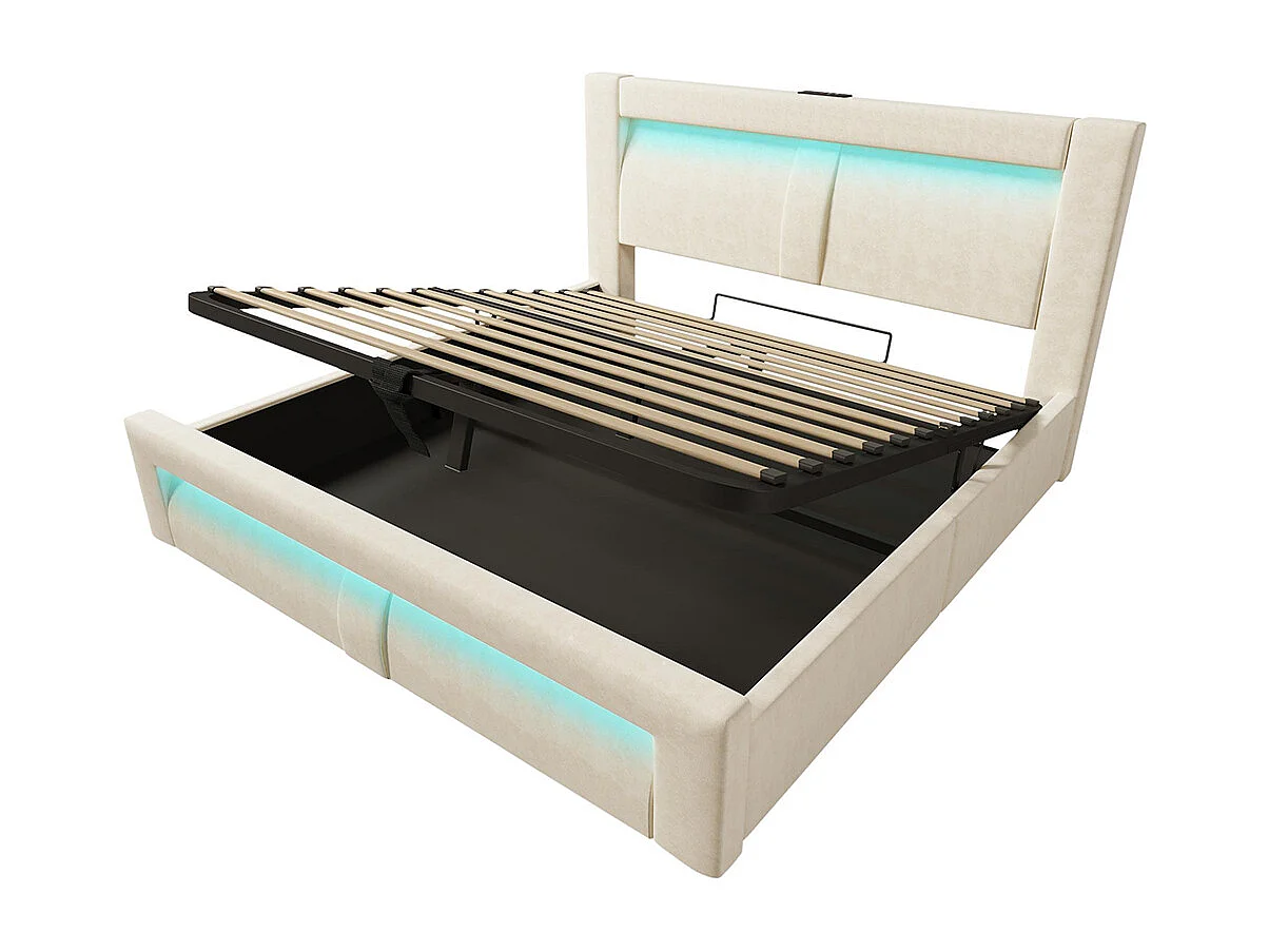 Lit hydraulique avec éclairage LED piloté par application, ports de charge USB et Type-C, velours, beige - 160x200 cm.