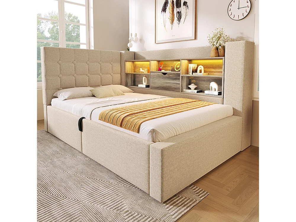 Lit rembourré avec éclairage LED, système de rangement hydraulique, réglable des deux côtés, tissu en lin, beige (sans matelas) - 90 x 190 cm