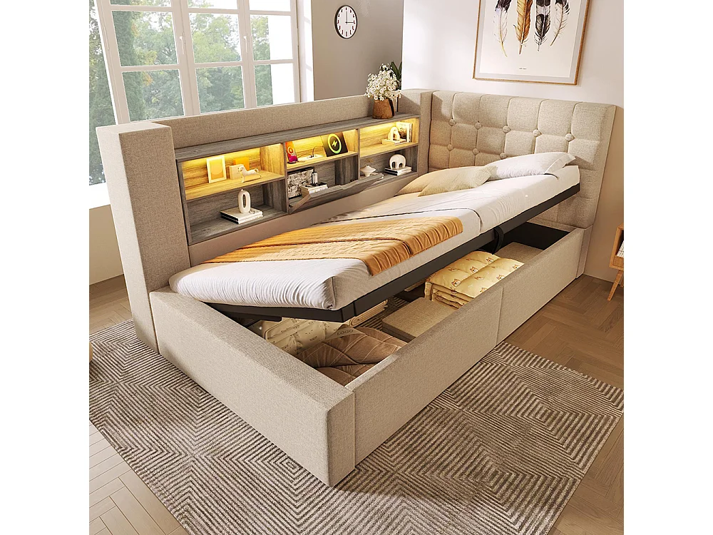 Lit rembourré avec éclairage LED, système de rangement hydraulique, réglable des deux côtés, tissu en lin, beige (sans matelas) - 90 x 190 cm