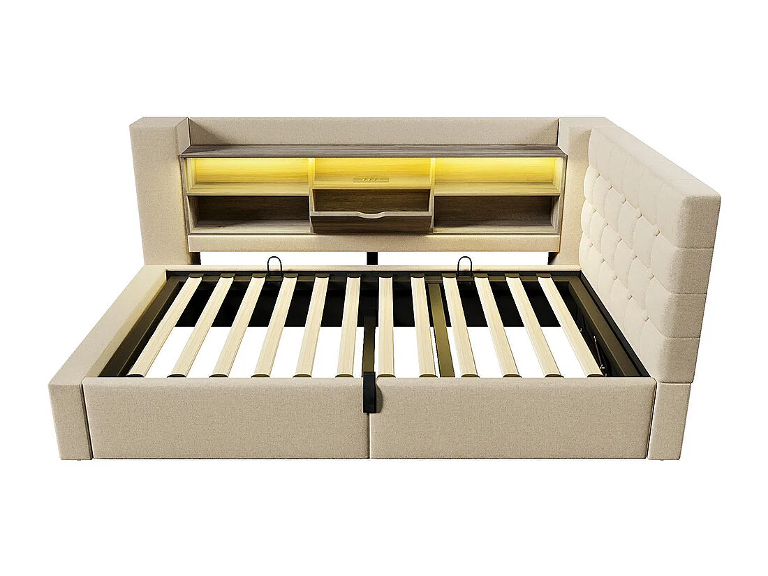 Lit rembourré avec éclairage LED, système de rangement hydraulique, réglable des deux côtés, tissu en lin, beige (sans matelas) - 90 x 190 cm