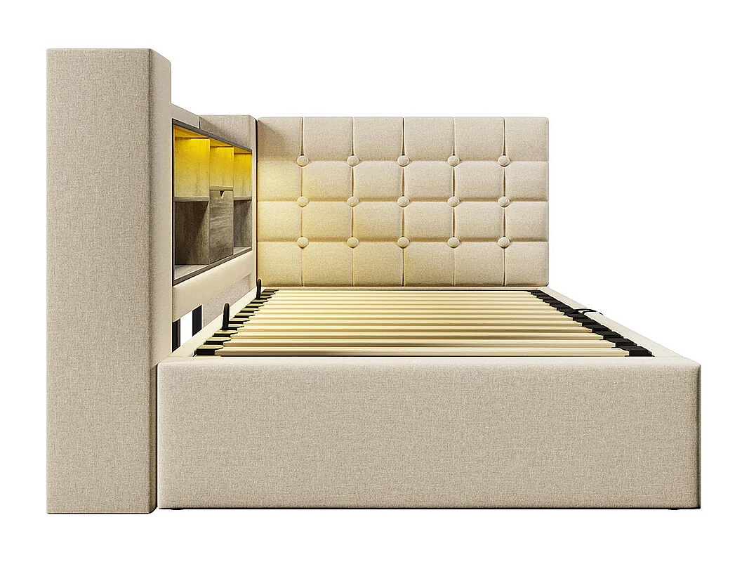 Lit rembourré avec éclairage LED, système de rangement hydraulique, réglable des deux côtés, tissu en lin, beige (sans matelas) - 90 x 190 cm