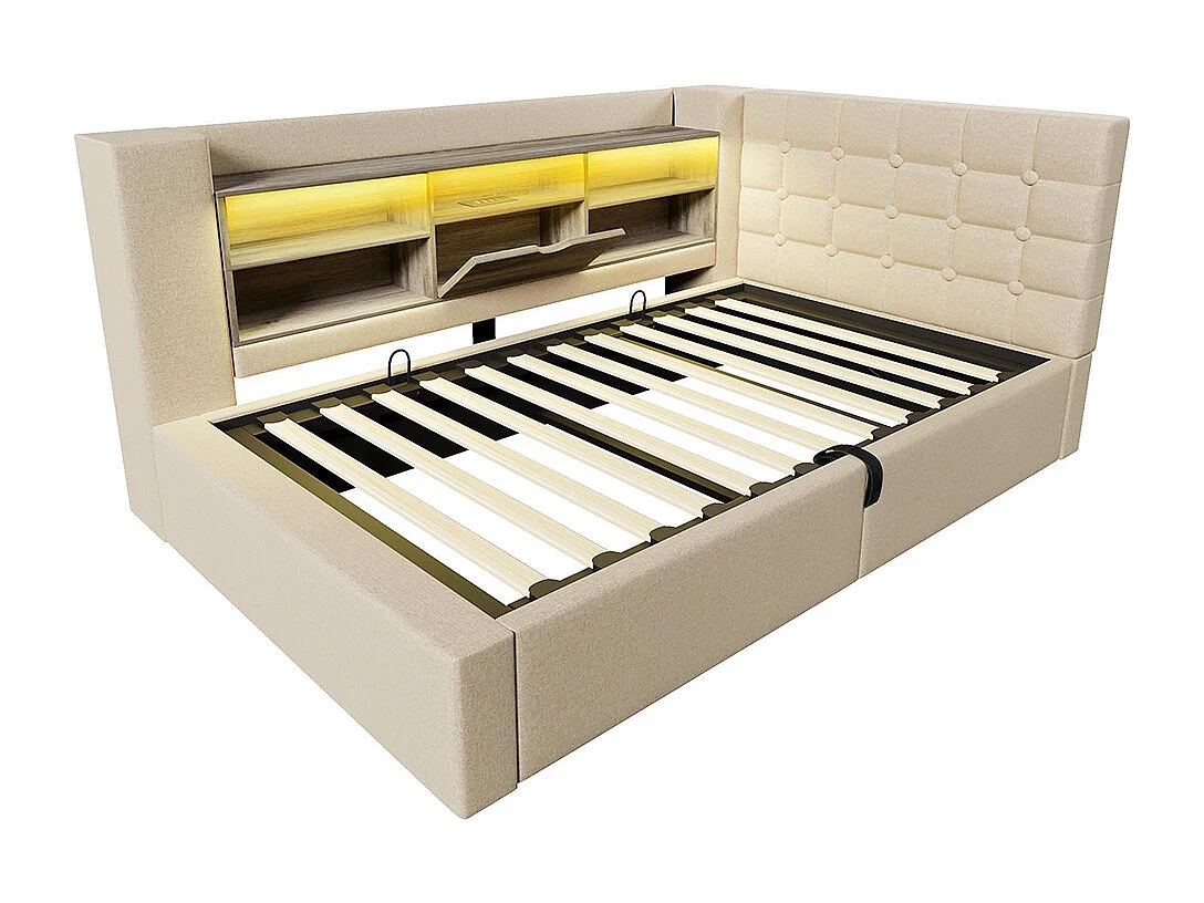 Lit rembourré avec éclairage LED, système de rangement hydraulique, réglable des deux côtés, tissu en lin, beige (sans matelas) - 90 x 190 cm