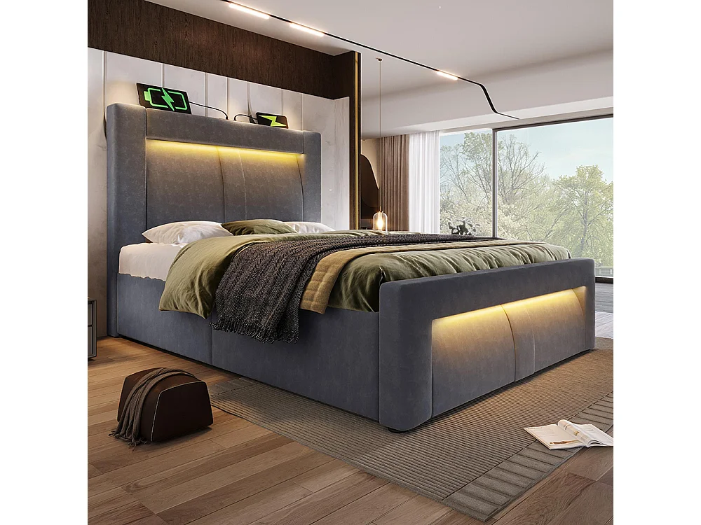 Lit hydraulique avec éclairage LED piloté par application, ports de charge USB et Type-C, velours, gris - 90x200 cm.
