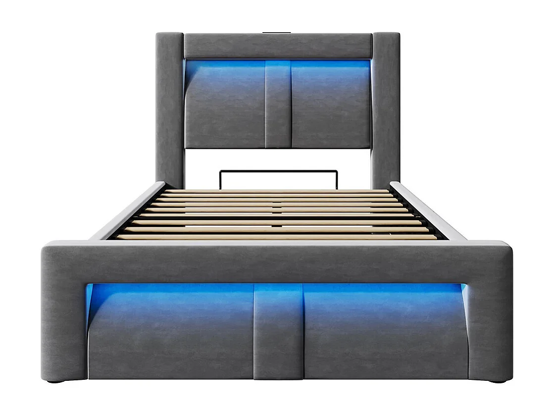 Lit hydraulique avec éclairage LED piloté par application, ports de charge USB et Type-C, velours, gris - 90x200 cm.