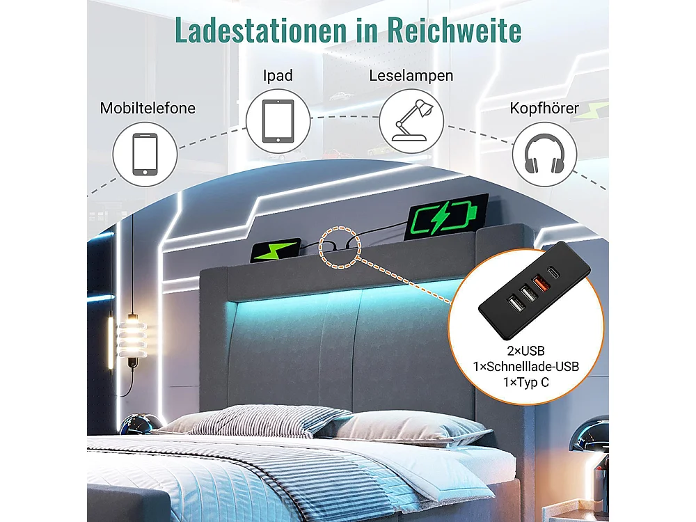 Lit hydraulique avec éclairage LED piloté par application, ports de charge USB et Type-C, velours, gris - 90x200 cm.