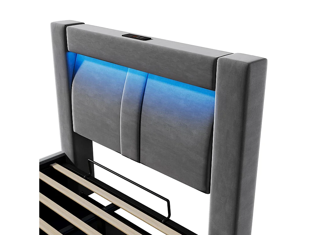 Lit hydraulique avec éclairage LED piloté par application, ports de charge USB et Type-C, velours, gris - 90x200 cm.