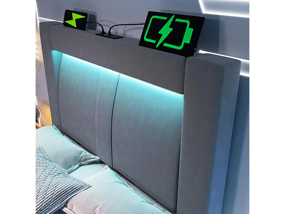 Lit hydraulique avec éclairage LED piloté par application, ports de charge USB et Type-C, velours, gris - 90x200 cm.