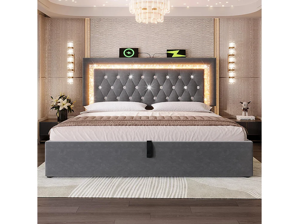 Gestoffeerd bed, hoofdeinde met LED-diamantstrip, USB- en Type-C-oplaadstation, fluweel, grijs (zonder matras) - 140x200 cm