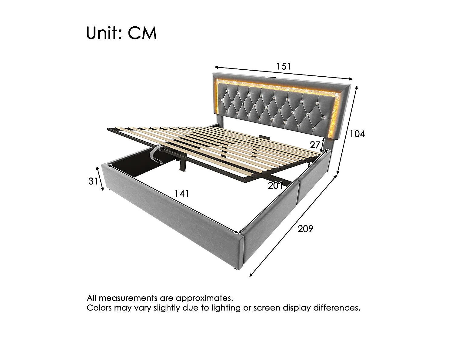 Gestoffeerd bed, hoofdeinde met LED-diamantstrip, USB- en Type-C-oplaadstation, fluweel, grijs (zonder matras) - 140x200 cm