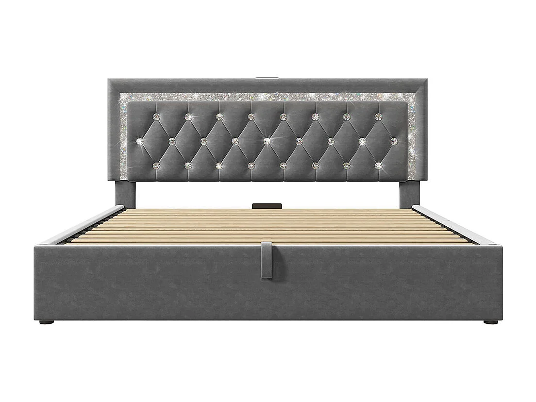 Gestoffeerd bed, hoofdeinde met LED-diamantstrip, USB- en Type-C-oplaadstation, fluweel, grijs (zonder matras) - 140x200 cm