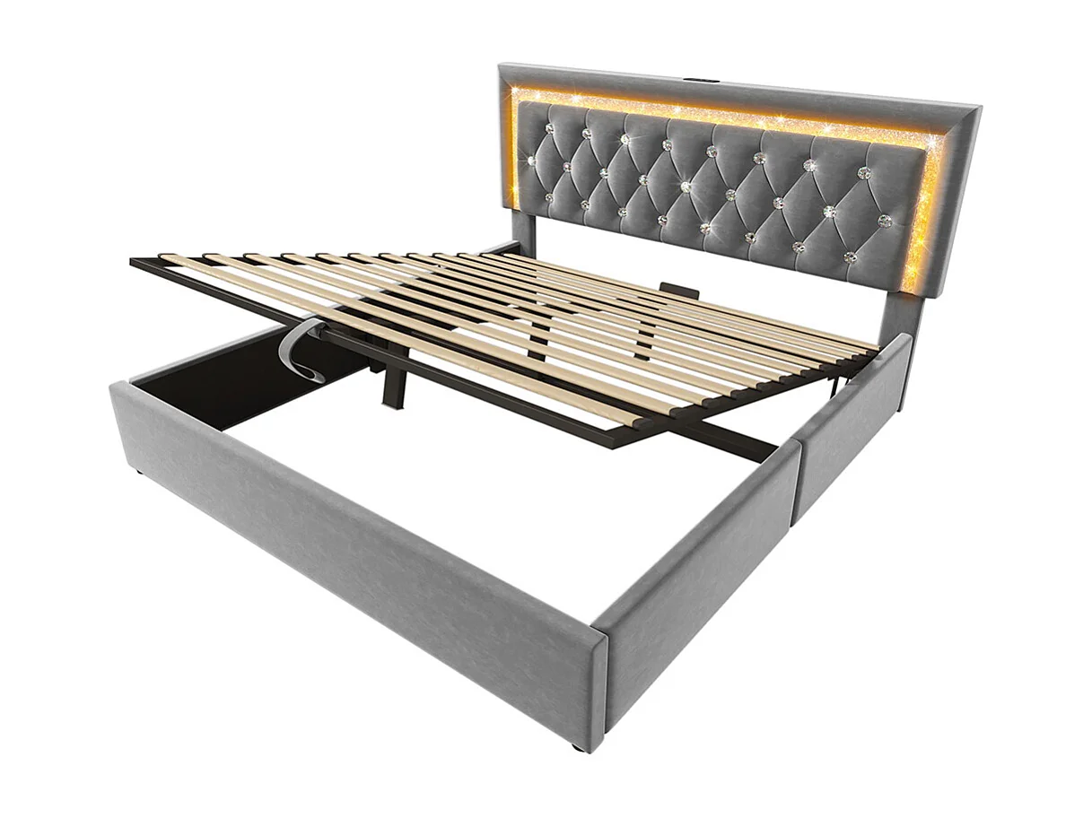 Gestoffeerd bed, hoofdeinde met LED-diamantstrip, USB- en Type-C-oplaadstation, fluweel, grijs (zonder matras) - 160 x 200 cm