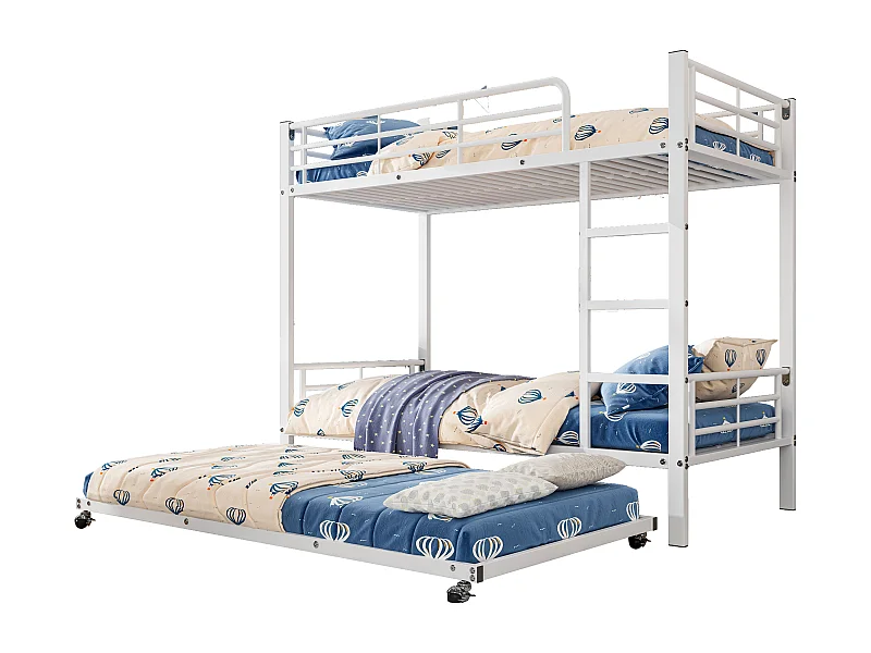 Stapelbed 90x200cm met uittrekbed ruimtebesparend rechte ladder vier veiligheidsranden metalen frame wit (Zonder matras)