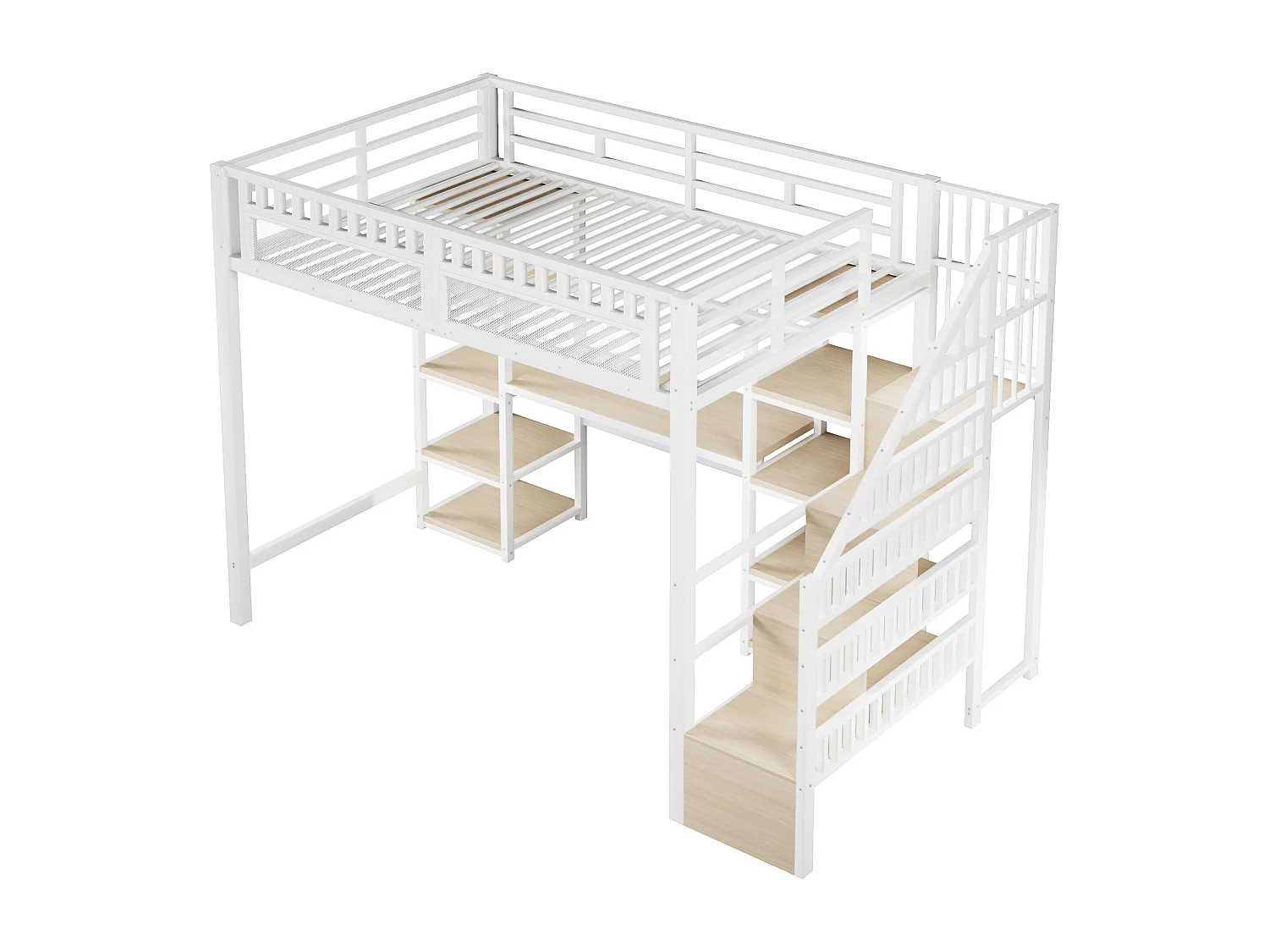 Lit mezzanine 140x200cm avec échelle espace de rangement bureau bande lumineuse LED port USB en blanc (sans matelas)