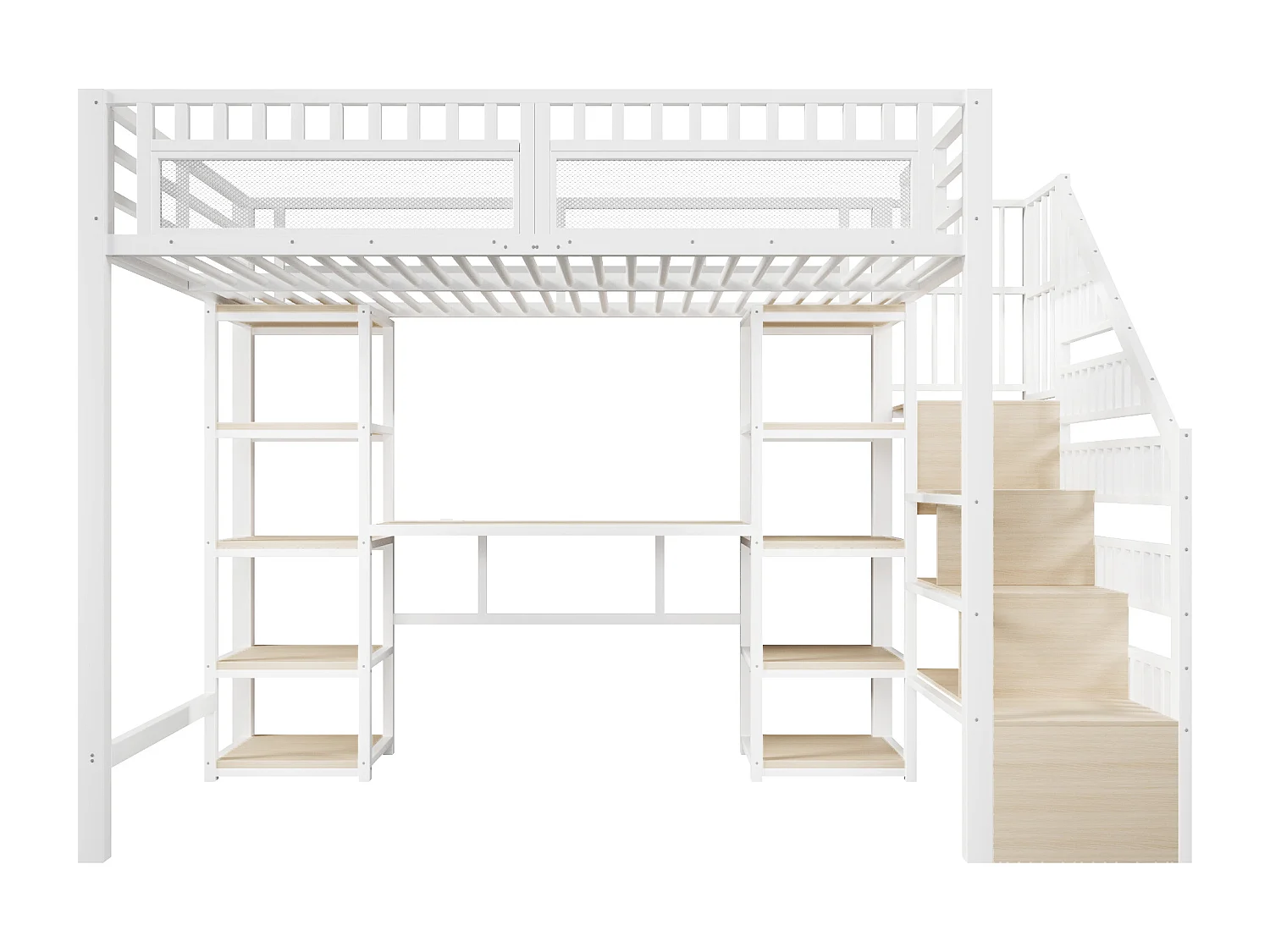 Lit mezzanine 140x200cm avec échelle espace de rangement bureau bande lumineuse LED port USB en blanc (sans matelas)