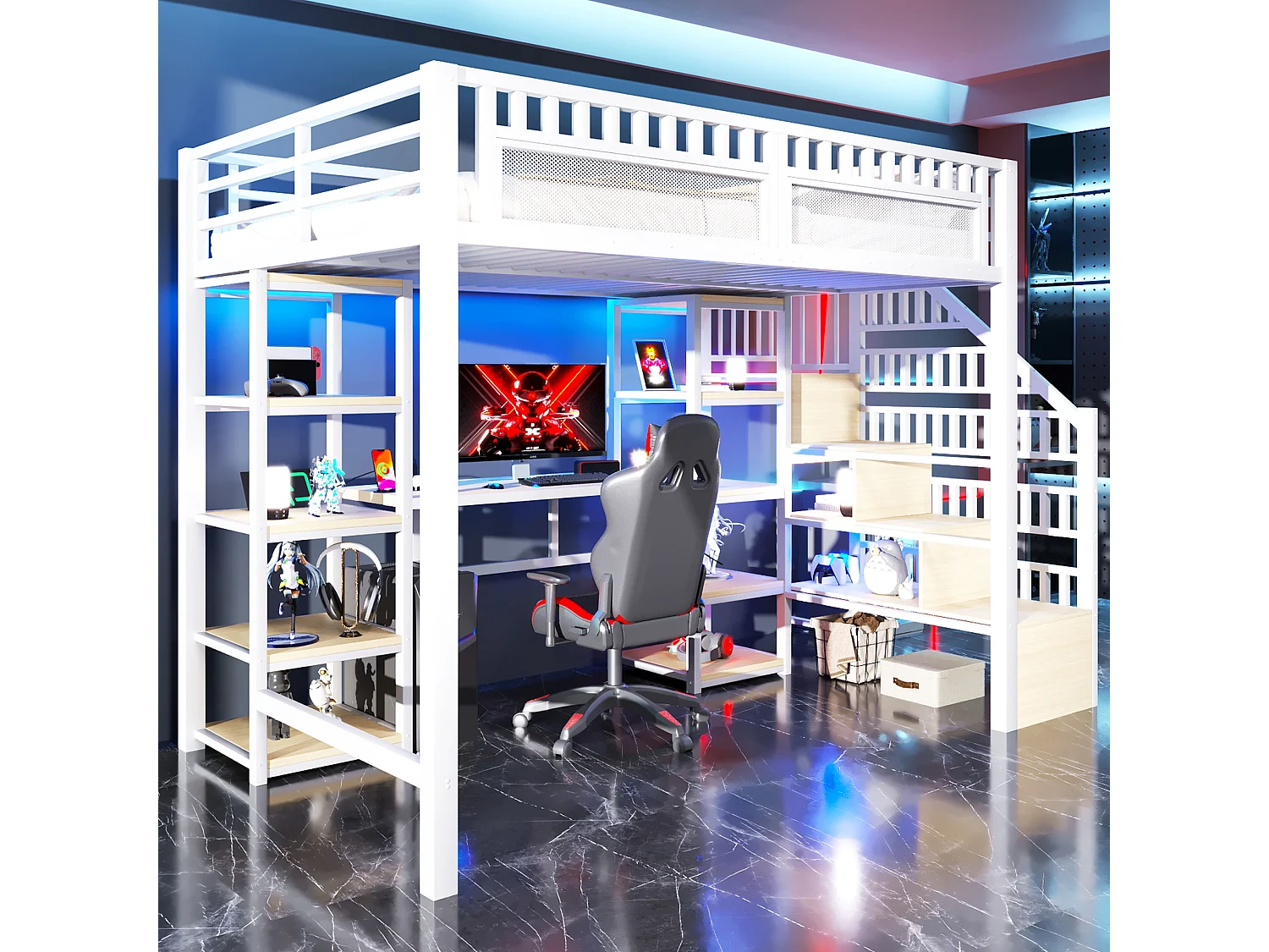 Lit mezzanine 140x200cm avec échelle espace de rangement bureau bande lumineuse LED port USB en blanc (sans matelas)