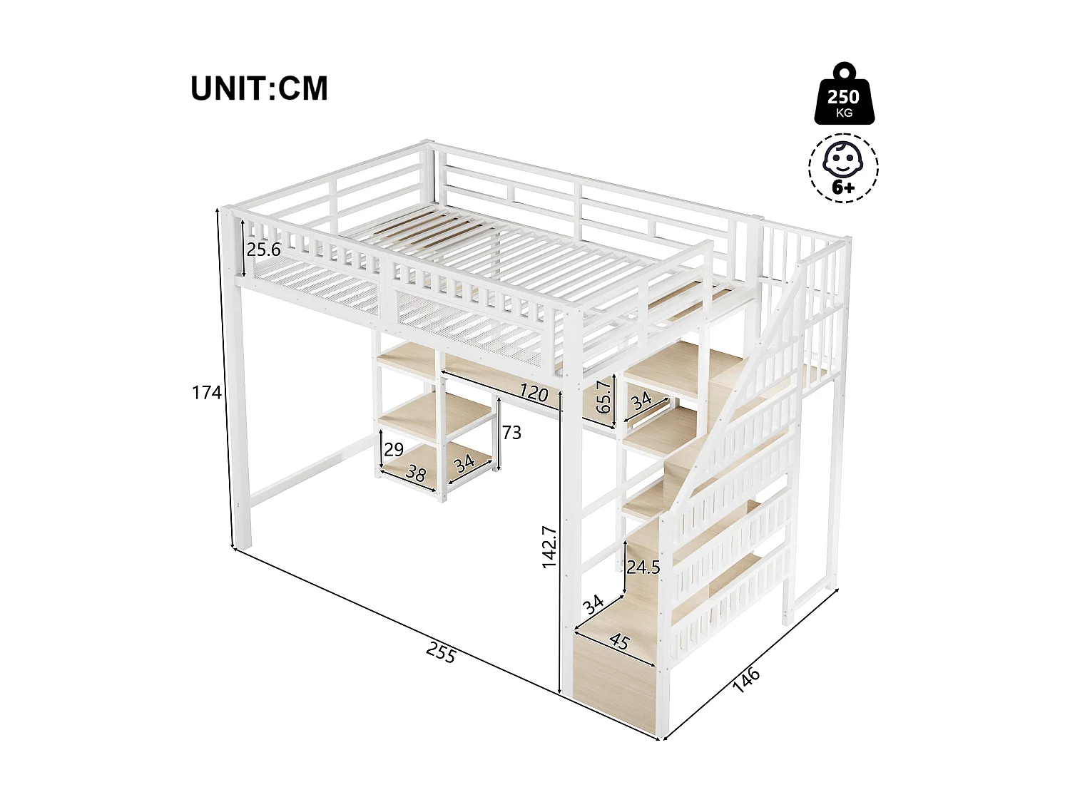 Lit mezzanine 140x200 cm avec bureau, rangements et ports USB en métal blanc (Sans matelas)
