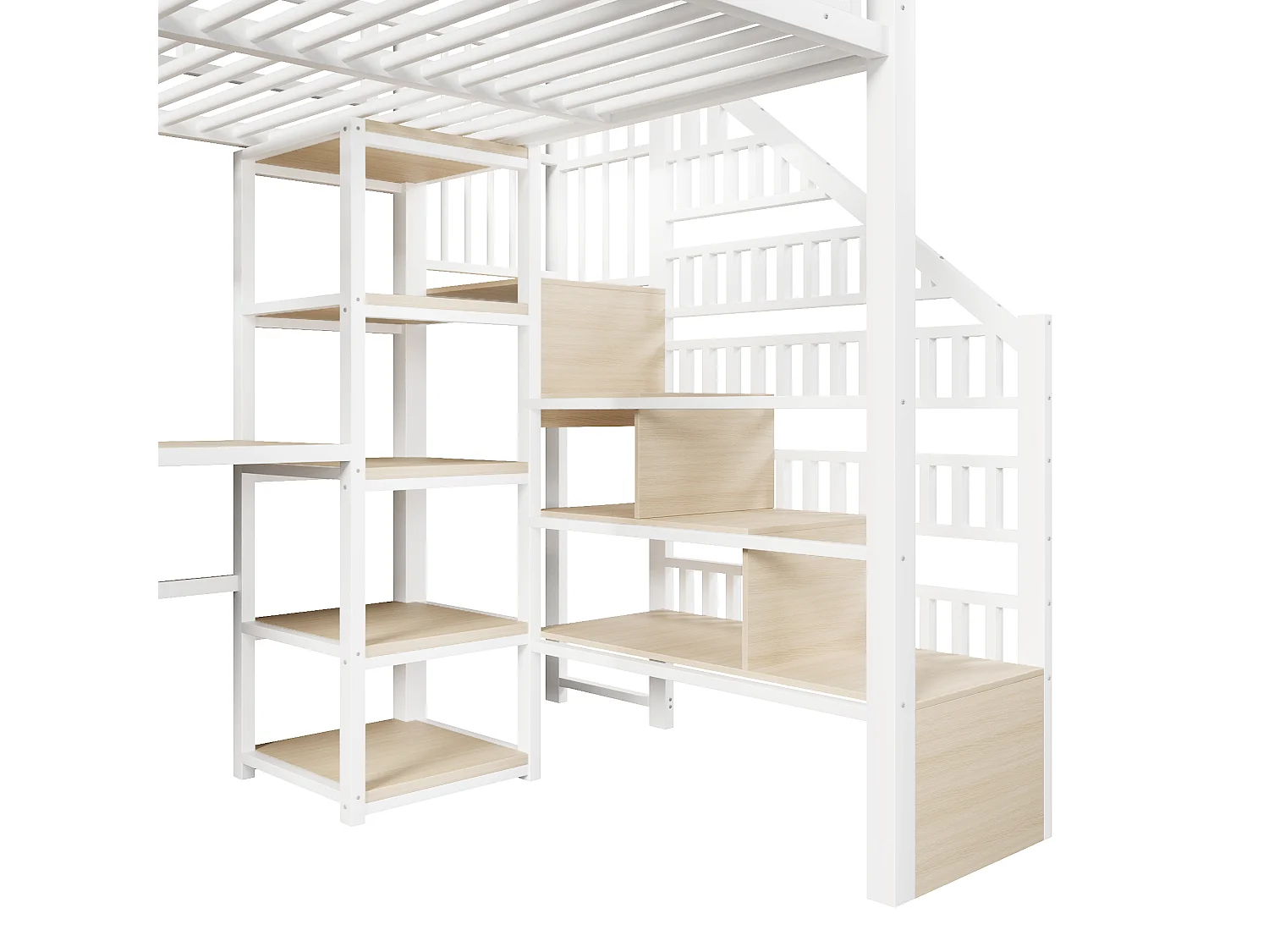 Lit mezzanine 140x200 cm avec bureau, rangements et ports USB en métal blanc (Sans matelas)
