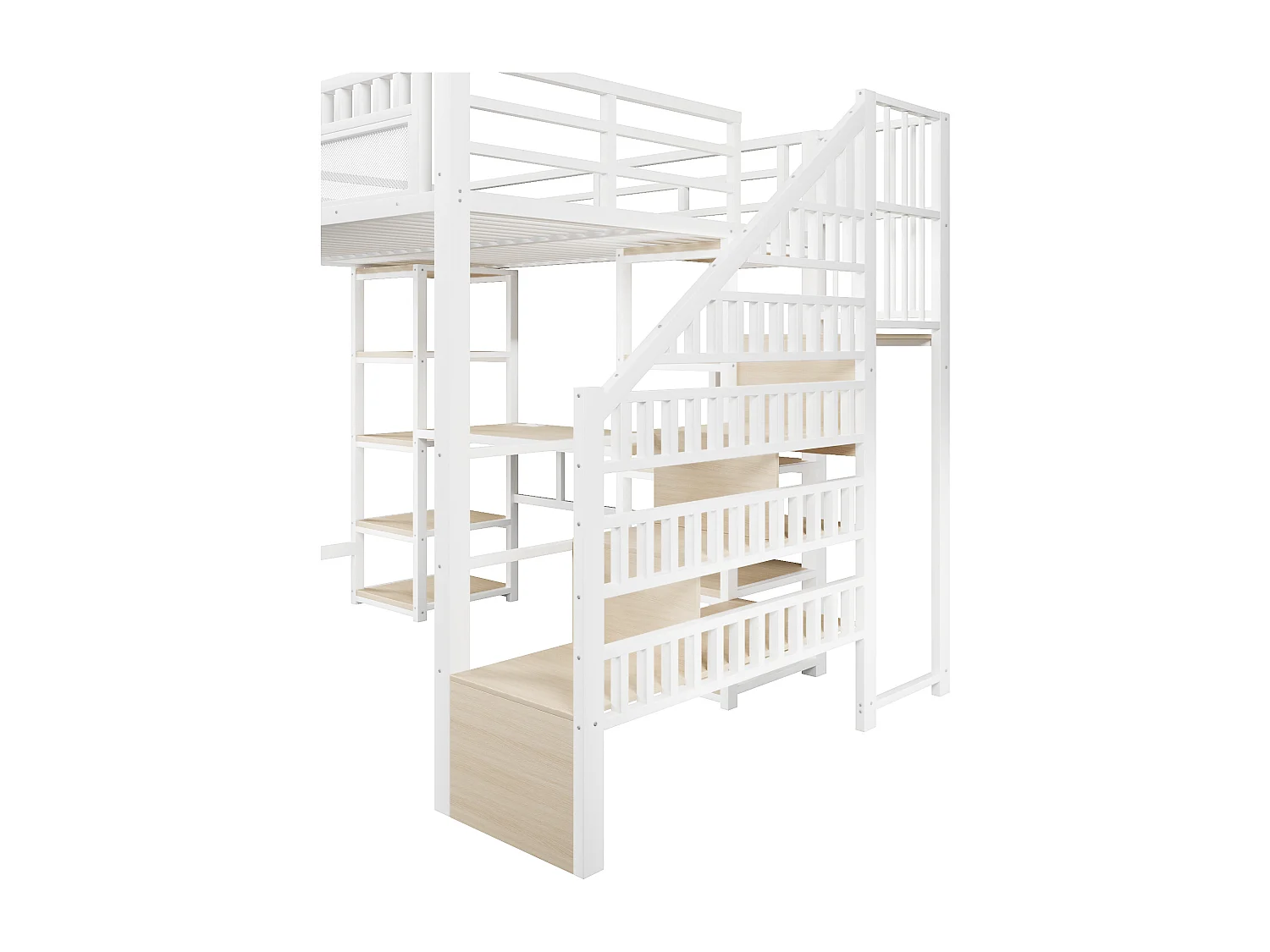 Lit mezzanine 140x200 cm avec bureau, rangements et ports USB en métal blanc (Sans matelas)