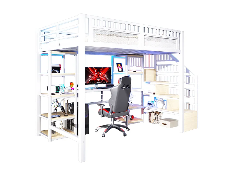 Lit mezzanine 140x200 cm avec bureau, rangements et ports USB en métal blanc (Sans matelas)