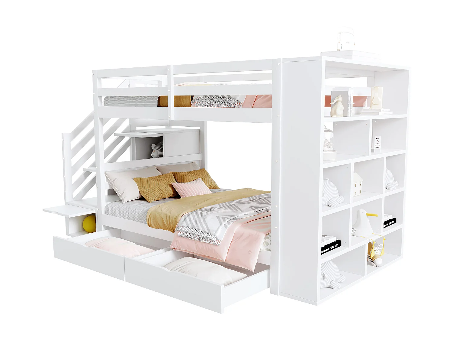 Lit superposé 90x200cm design gain de place escalier coffre de rangement bois blanc pour chambre enfant (Sans matelas)