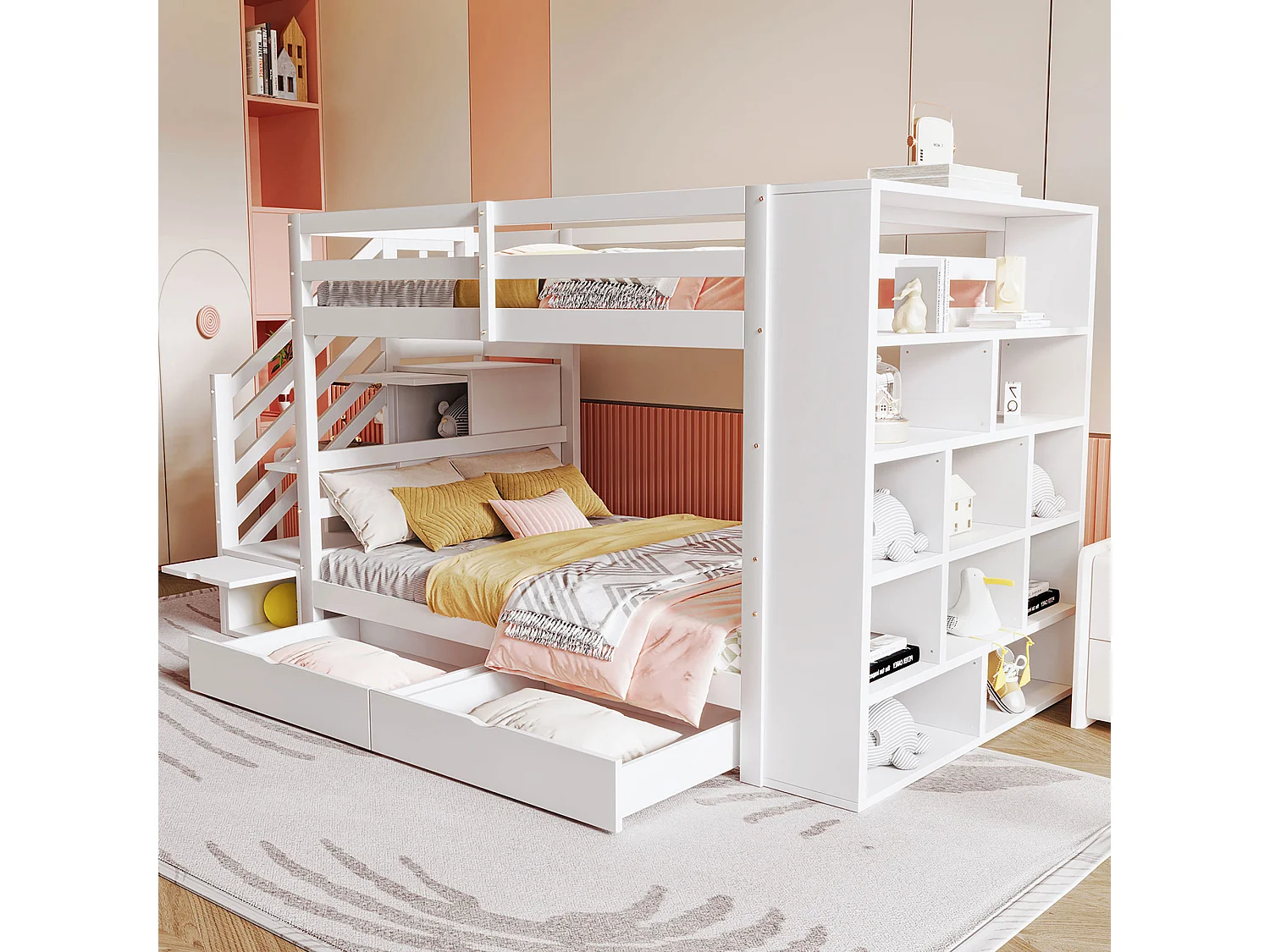 Lit superposé 90x200cm design gain de place escalier coffre de rangement bois blanc pour chambre enfant (Sans matelas)