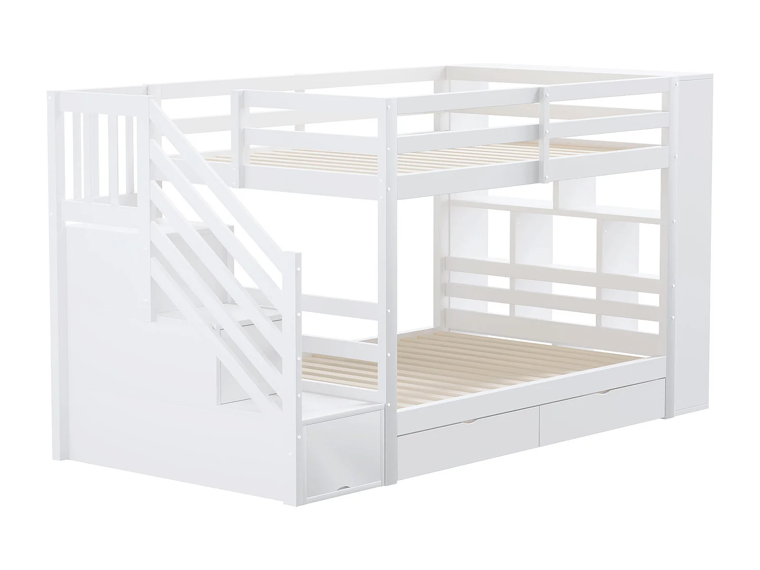Stapelbed 90x200 cm, met veiligheidstrap met opbergruimte, laden en kasten, hout, wit (zonder matras)