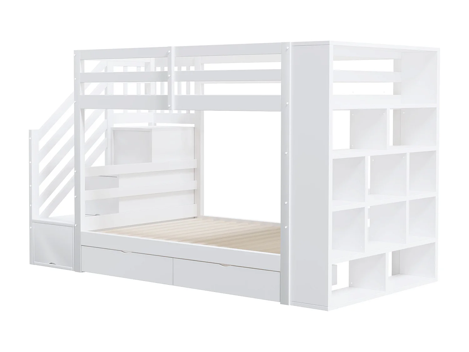 Stapelbed 90x200 cm, met veiligheidstrap met opbergruimte, laden en kasten, hout, wit (zonder matras)