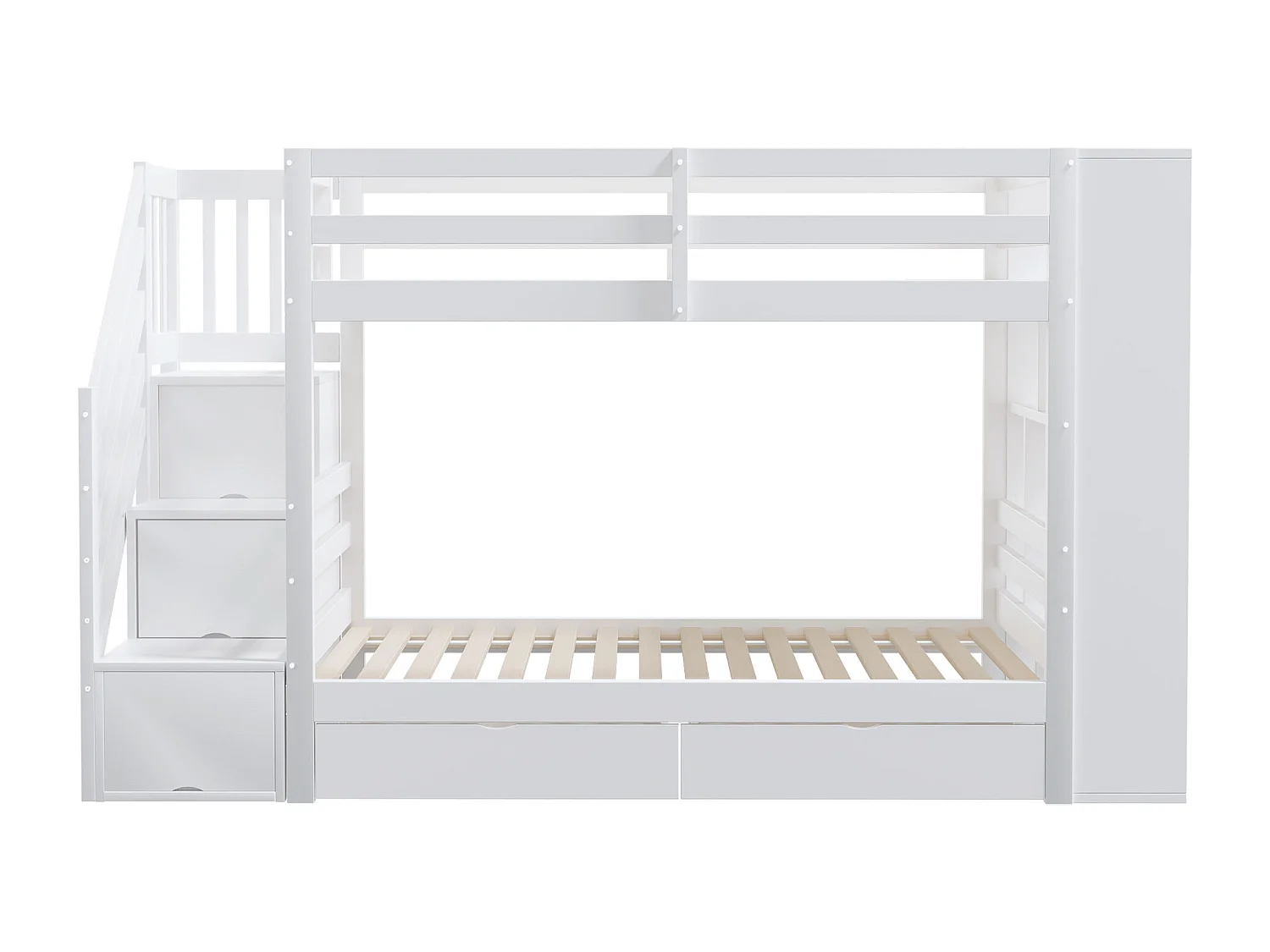 Stapelbed 90x200 cm, met veiligheidstrap met opbergruimte, laden en kasten, hout, wit (zonder matras)