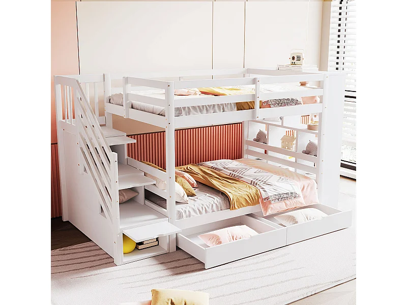 Lit superposé 90x200cm design gain de place escalier coffre de rangement bois blanc pour chambre enfant (Sans matelas)