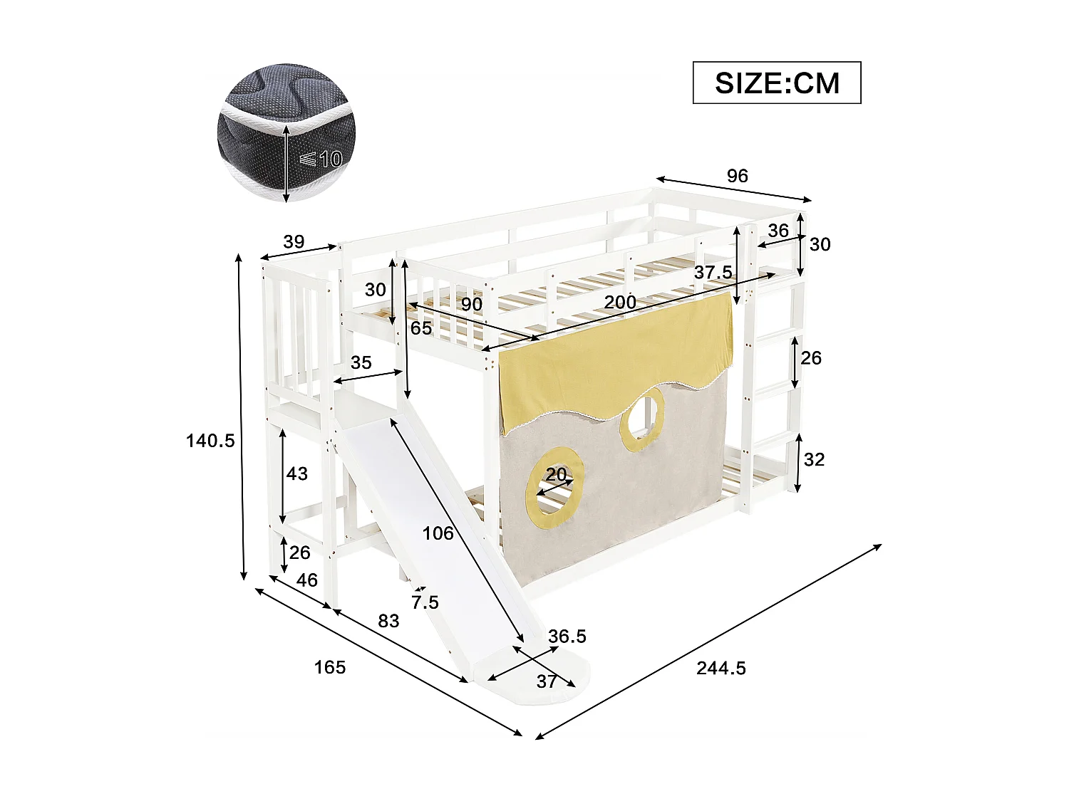 Lit superposé 90x200cm lit enfant style moderne sécurité renfcée bois pour chambre enfant blanc (Sans matelas)