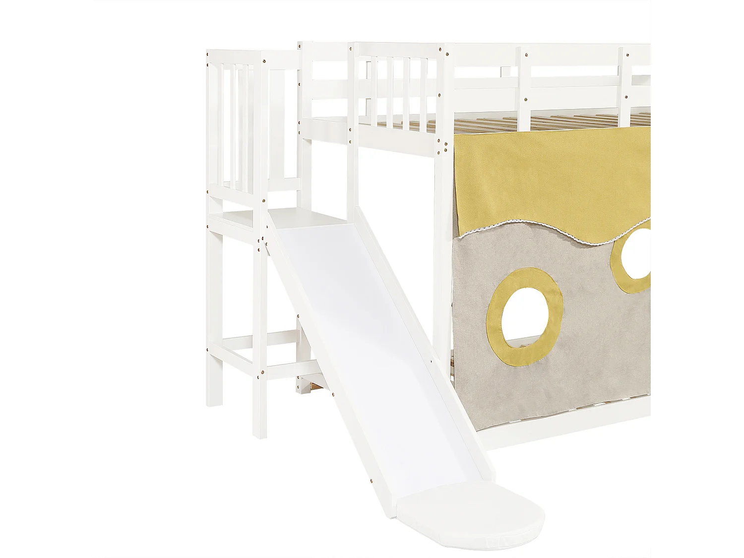 Lit superposé enfant 90x200 cm avec escalier, barrière de sécurité, rideaux, toboggan, bois, blanc (Sans matelas)