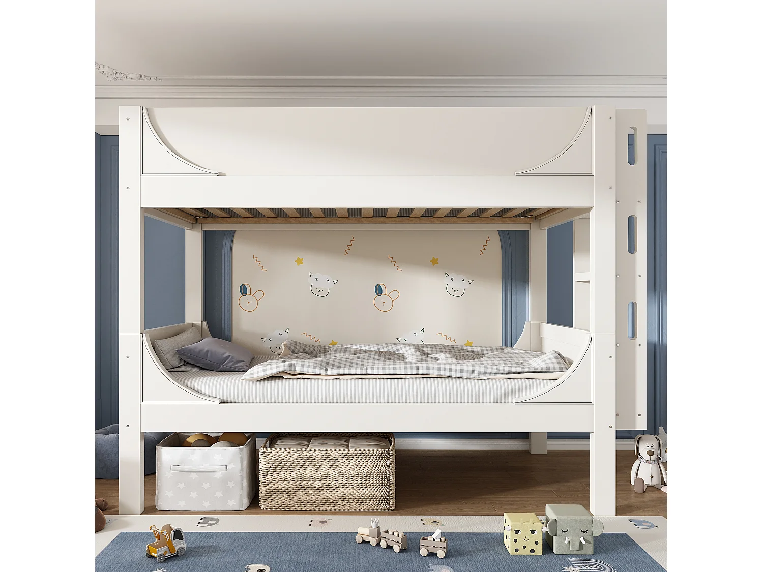 Lit superposé 90x200cm Lit enfant Style champêtre Sécurité renforcée bois et métal Chambre enfants Blanc (Sans matelas)