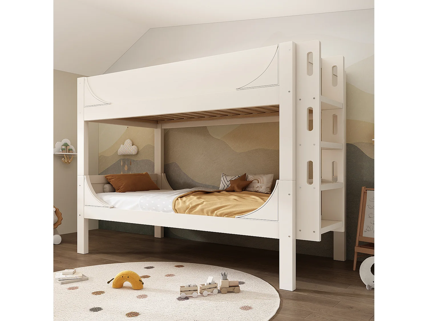 Lit superposé 90x200cm Lit enfant Style champêtre Sécurité renforcée bois et métal Chambre enfants Blanc (Sans matelas)