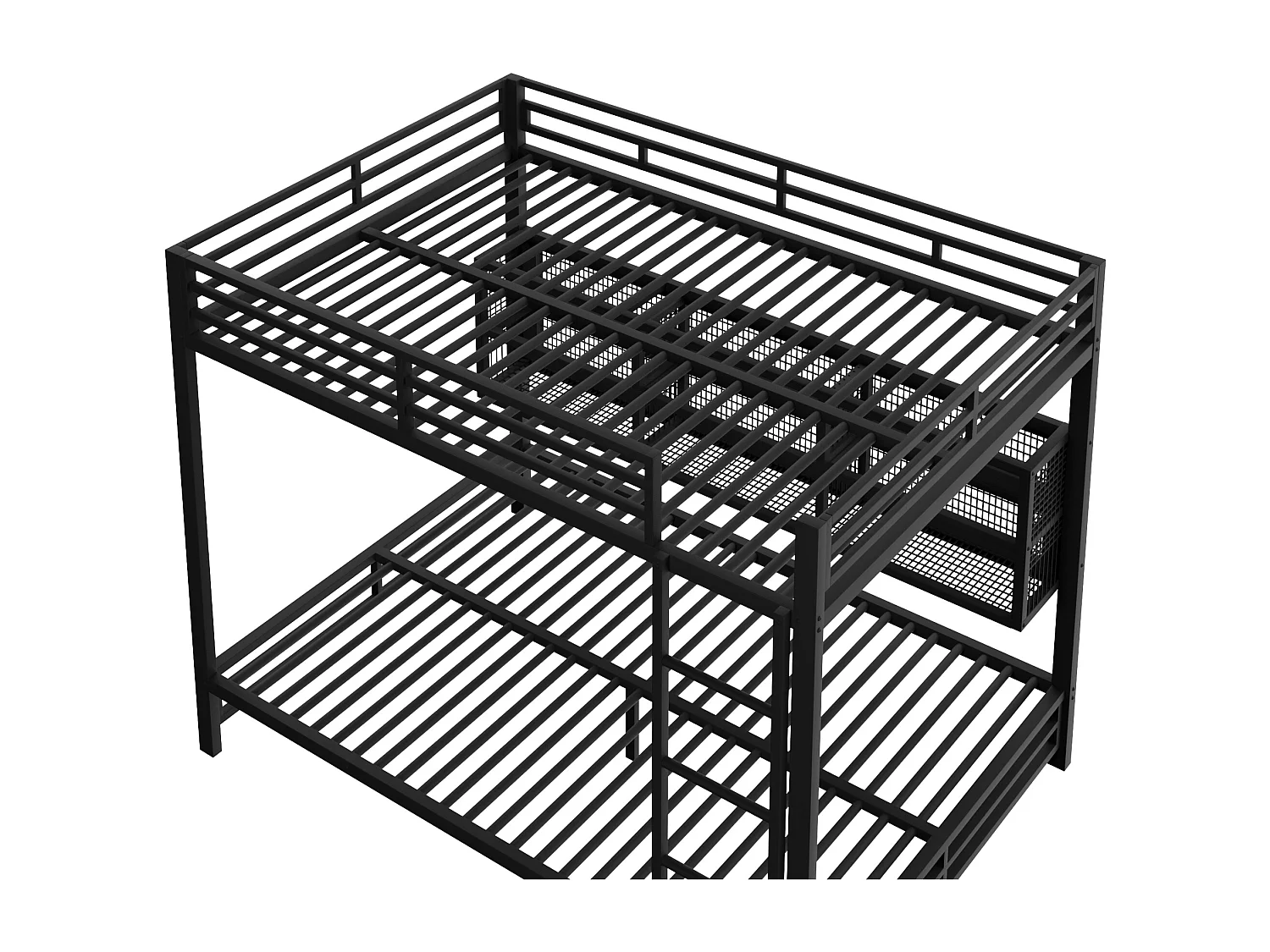 Stapelbed 140x200cm met ledverlichting, 6 opbergvakken, metalen lattenbodem en veiligheidsrails in zwart (matras niet inbegrepen)