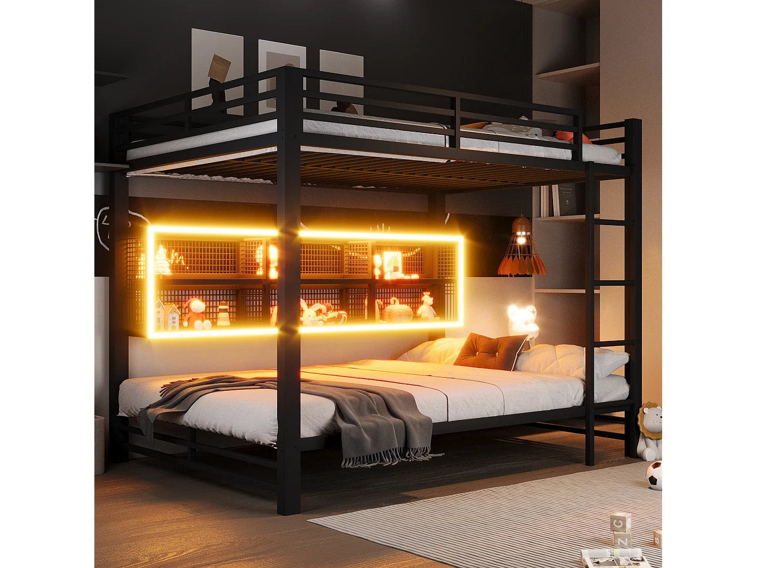 Stapelbed 140x200 cm met 6 opbergkasten, met LED, metaal, zwart (zonder matras)