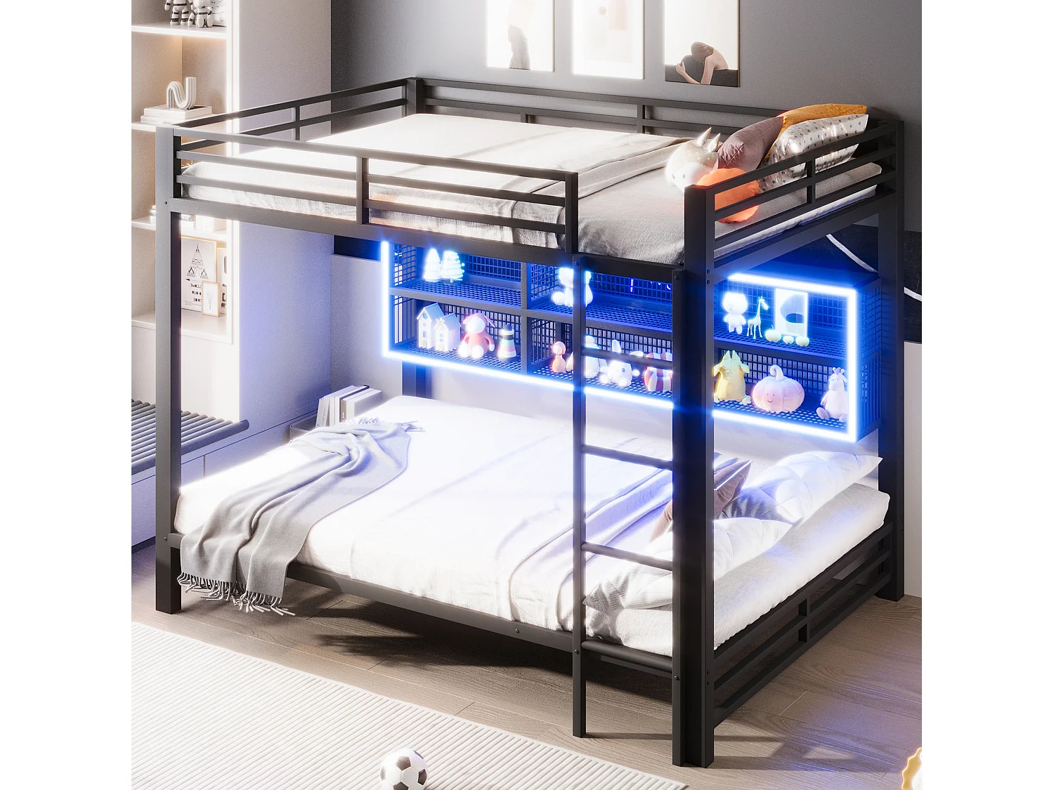 Stapelbed 140x200 cm met 6 opbergkasten, met LED, metaal, zwart (zonder matras)