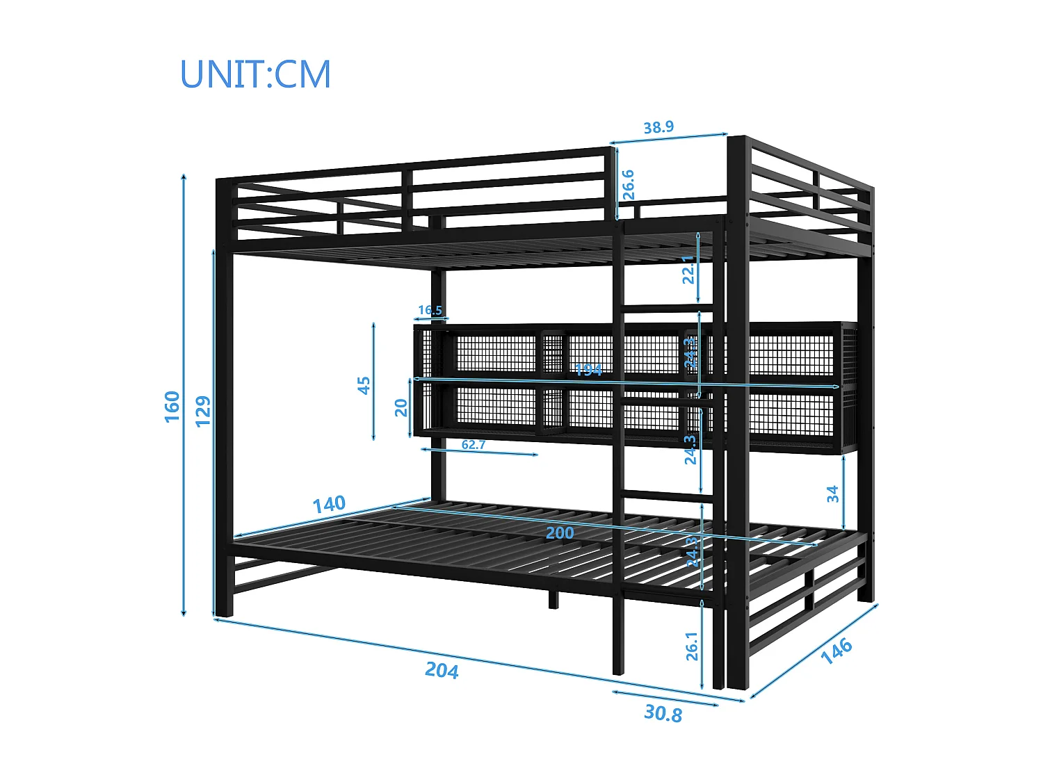 Stapelbed 140x200 cm met 6 opbergkasten, met LED, metaal, zwart (zonder matras)