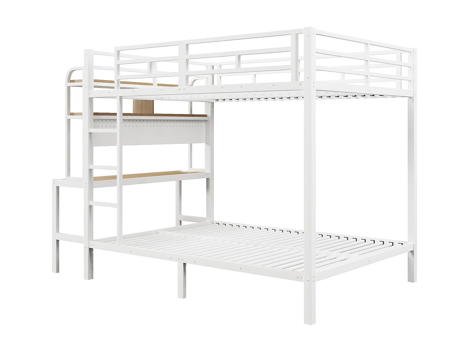 Lit superposé 140x200cm avec compartiments de rangement bureau bande lumineuse LED port USB rambarde de sécurité et échelle en blanc (sans matelas)