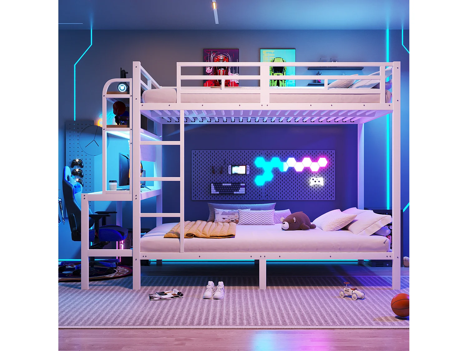 Lit superposé 140x200cm avec compartiments de rangement bureau bande lumineuse LED port USB rambarde de sécurité et échelle en blanc (sans matelas)