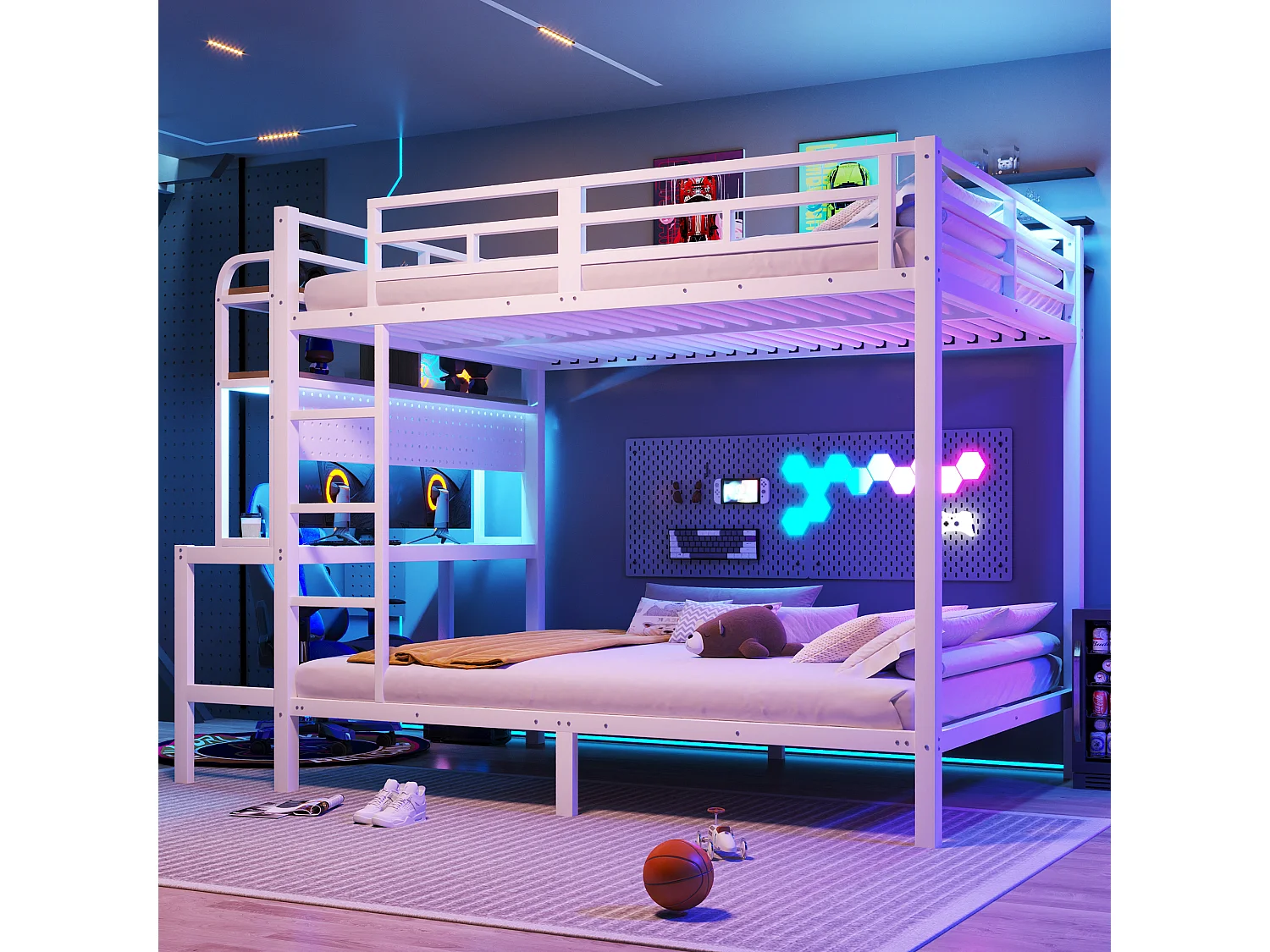 Lit superposé 140x200 cm avec bureau LED et ports USB rangements, métal blanc (Sans matelas)