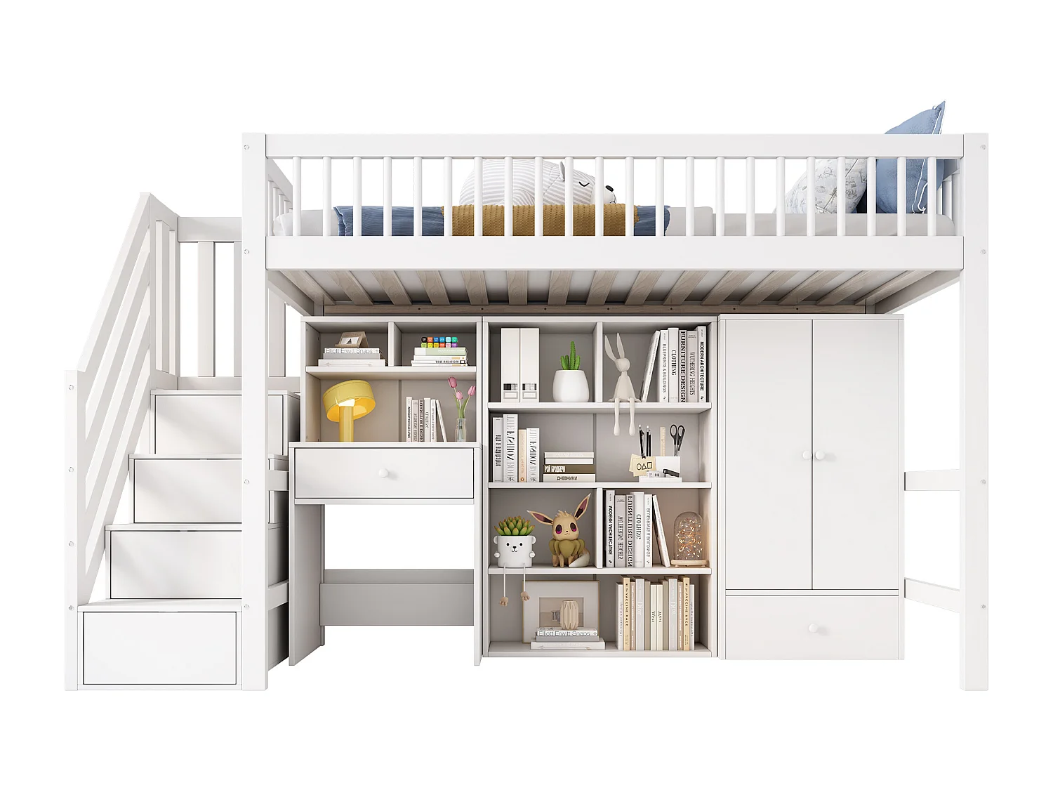 Lit superposé 90x200cm multifonctionnel avec bureaux escaliers armoires de rangement et penderies en blanc (sans matelas)