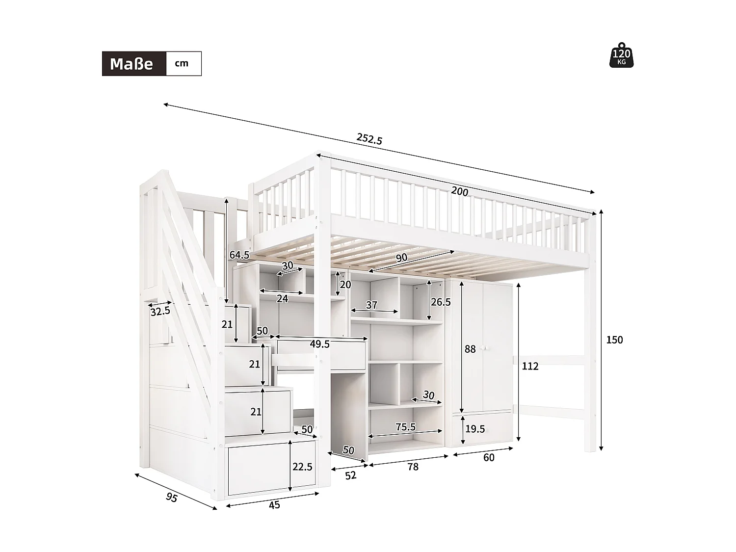 Cama infantil 90x200 cm con escritorio, con escalera de almacenaje y espacios de almacenamiento, madera y MDF blanco (Sin colchón)