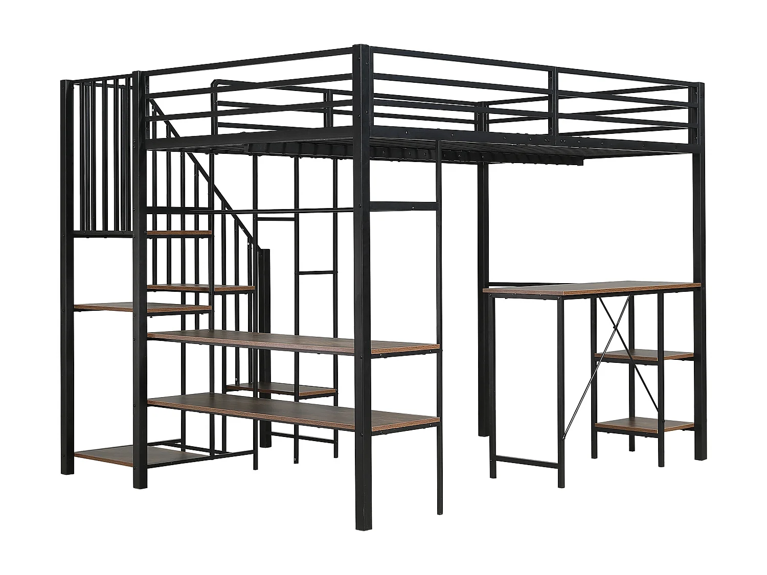 Lit mezzanine 120x200 cm avec escalier d’angle 4 marches bureau et rangements, métal et MDF noir (Sans matelas)