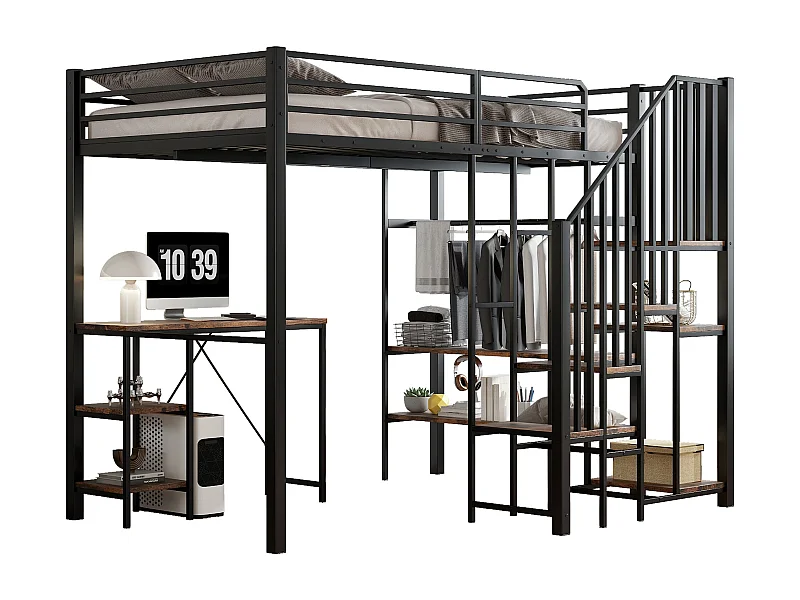 Lit mezzanine 120x200 cm avec escalier d’angle 4 marches bureau et rangements, métal et MDF noir (Sans matelas)