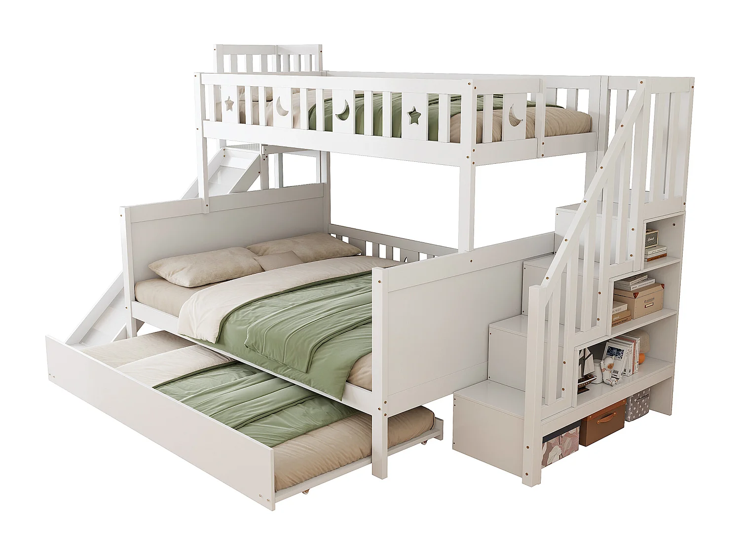 Litera diseño estrellas y luna con tobogán y cajones ideal para cuarto infantil madera blanca 160x200cm (Sin colchón)