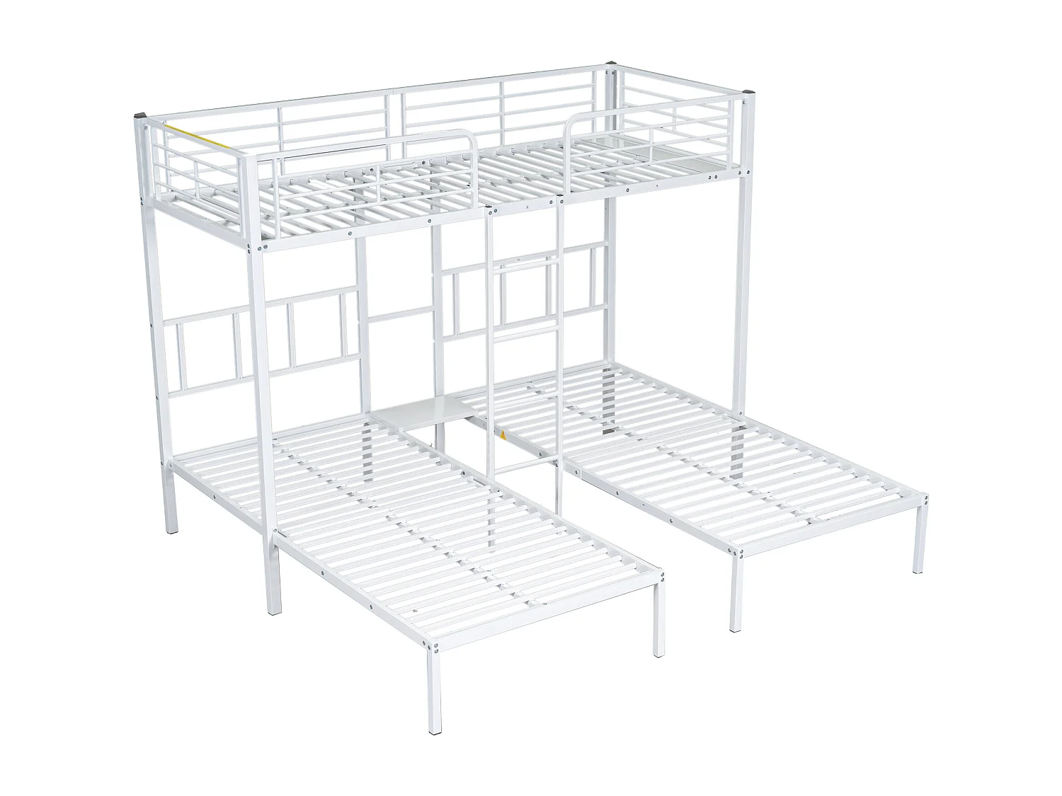 Lit superposé triple 90x200 cm avec échelle, barrières de sécurité et table en métal blanc (Sans matelas)
